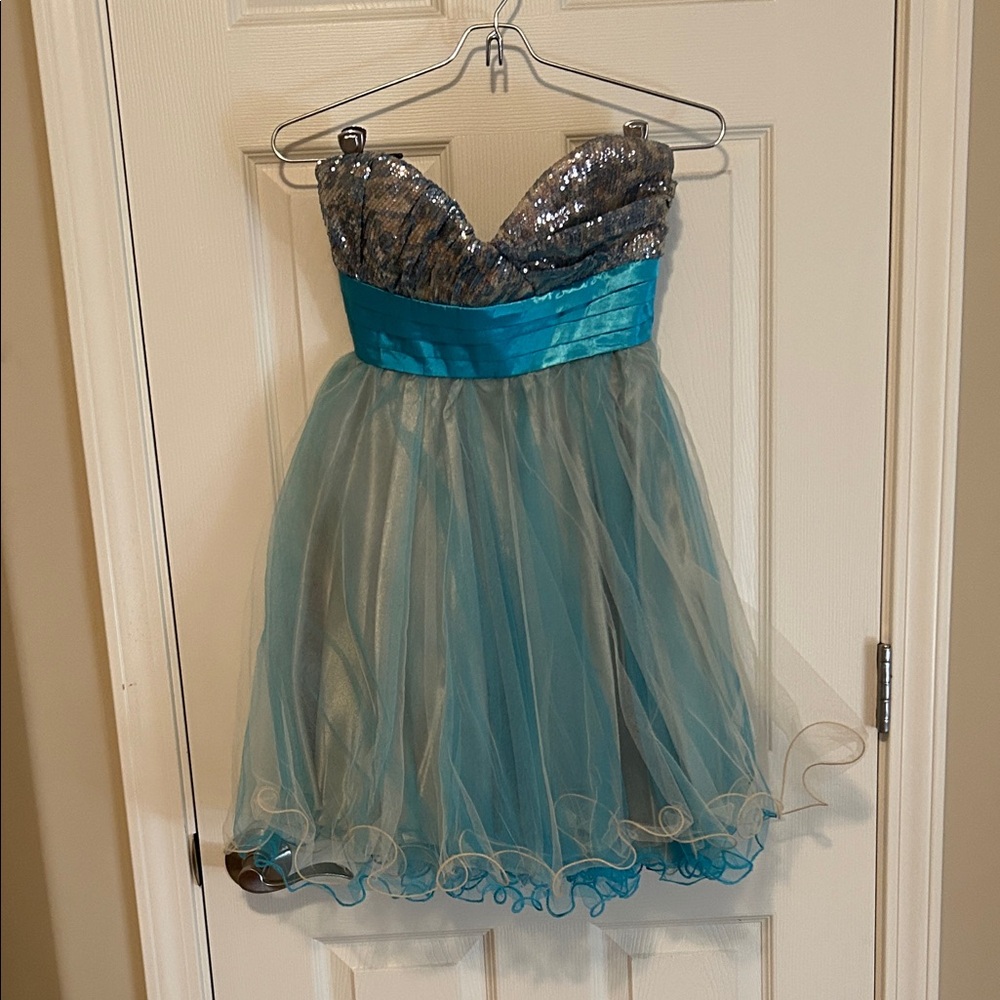 Sequin Hearts Strapless Silver and Teal Prom Dress